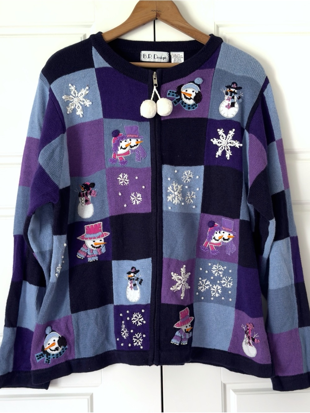 Vintage Christmas Cardigan Sweater XL Blue Purple Snowmen Snowflakes Beaded